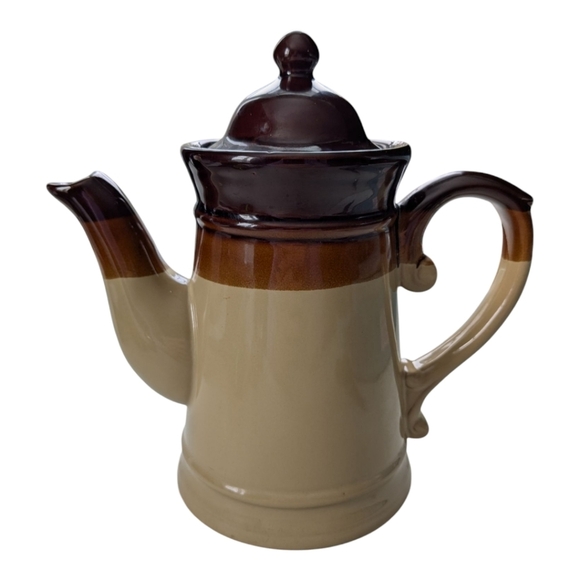 Vintage 70s Stoneware Tan Brown Glazed Tea Coffee Pot With Lid Chunky Farmhouse - Picture 2 of 9
